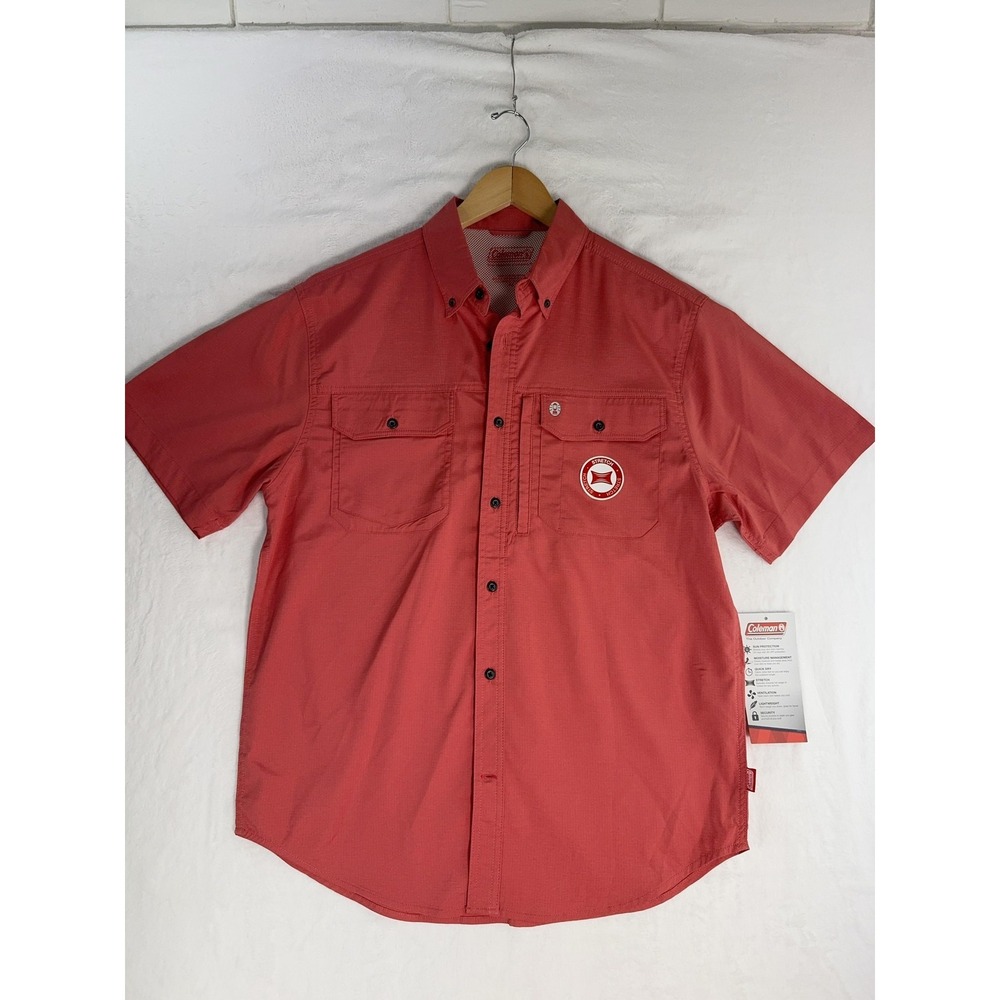 Coleman‎ Shirt Mens Medium Red Short Sleeve Stretch Button Front Outdoor Fishing